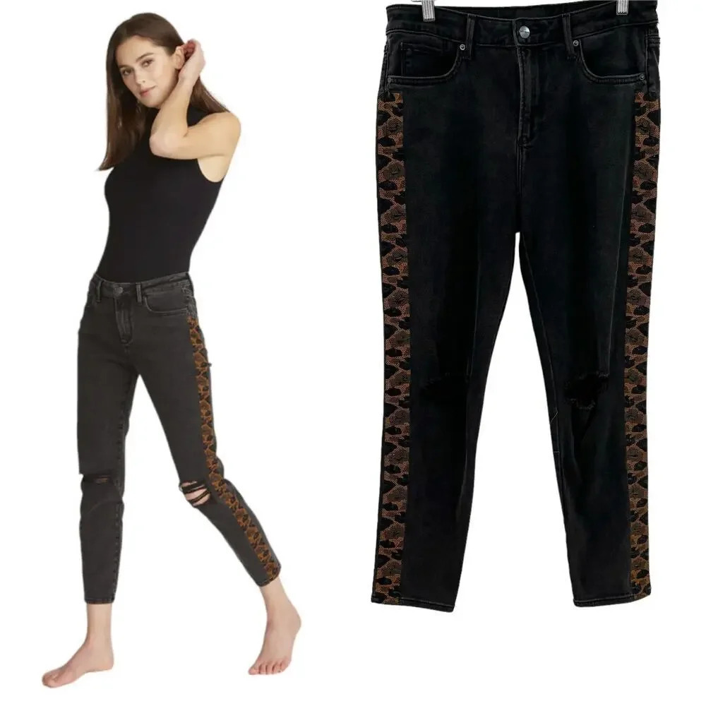 Driftwood Gizelle Skinny Fit Ankle Jeans with Cheetah Stripe Black‎ Size 28